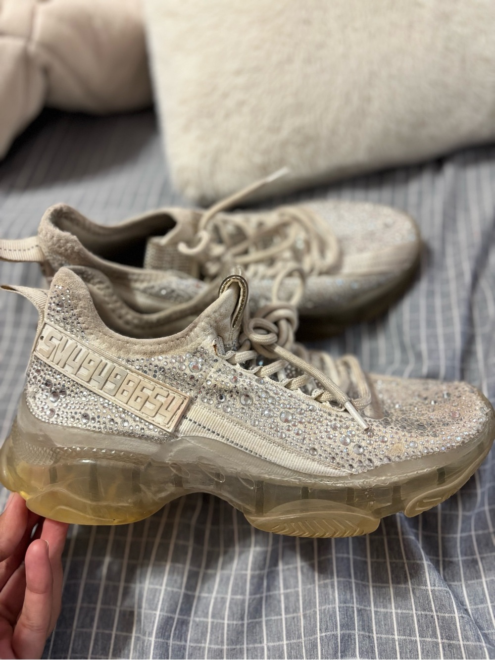 Steve Madden Crystal-Embellished Beige Knit Sneakers - Picture 2 of 3